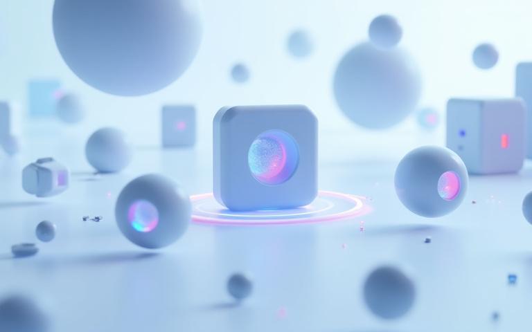 Futuristic 3D icon pack and volumetric UI elements floating in a digital space