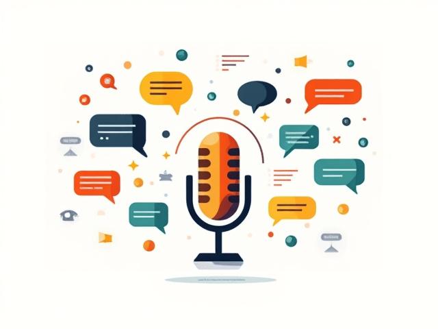 Microphone icon surrounded by speech bubbles and abstract sound waves, representing brand communication and tone