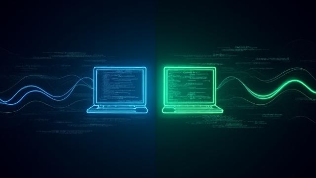 Binary code flowing between two distinct website interfaces, representing headless vs traditional CMS comparison.