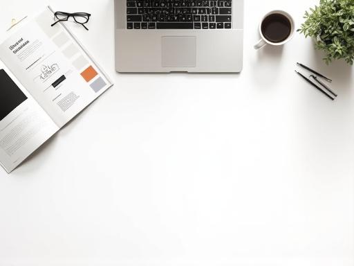Brand guidelines open on a table with a laptop and color swatches.