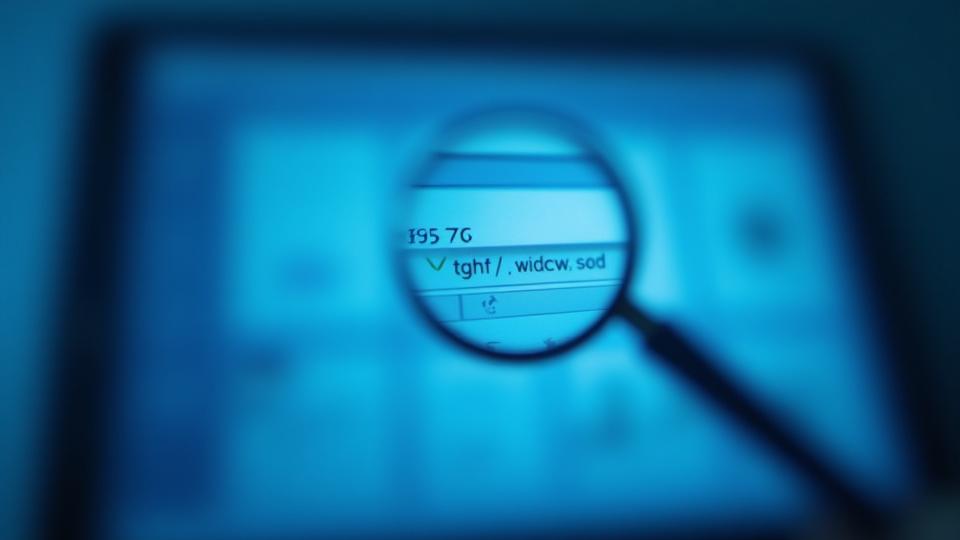 Magnifying glass over a website interface with SEO keywords highlighted, representing search engine optimization for small businesses.