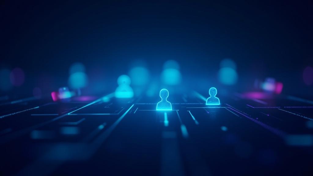 Abstract digital interface with glowing lines and user icons representing AI-generated experiences